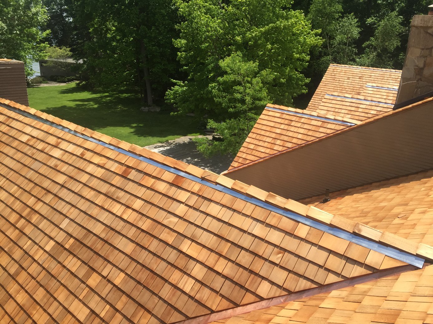 Cedar shake roof with copper valley flashings